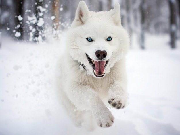 Gelukkige hond die door de sneeuw rent.