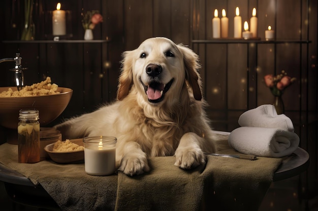 Gelukkige hond die een ontspannende massage krijgt in de spa Generatieve AI