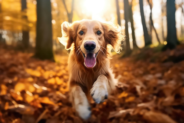 Gelukkige hond die in het herfstbos loopt