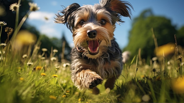 Gelukkige hond die in het veld loopt.