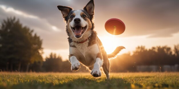 Gelukkige hond die met frisbee speelt.