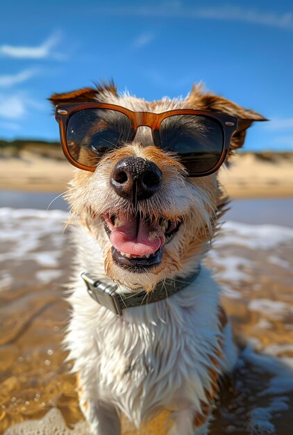 Gelukkige hond draagt een zonnebril op het strand