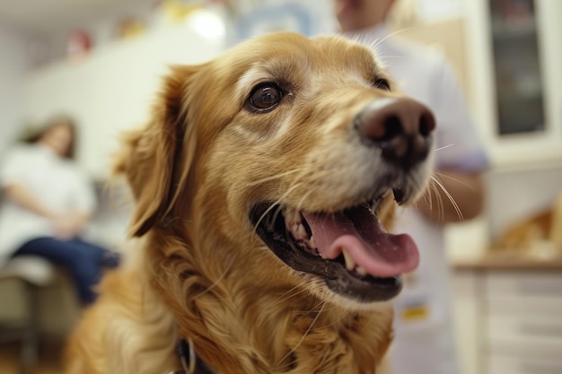 Gelukkige hond in de dierenkliniek met een dokter op de achtergrond