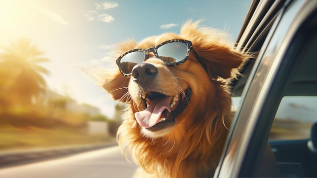 Gelukkige hond in het autoraam zomerreizen