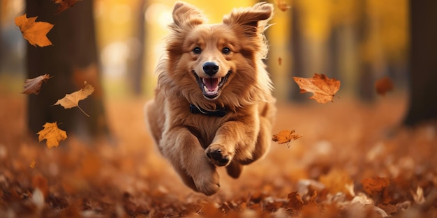 Gelukkige hond loopt wandelend in de bladeren herfst herfst banner