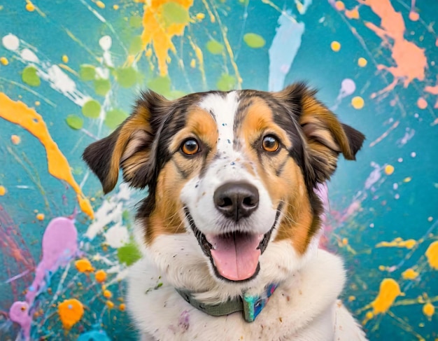 Gelukkige hond met kleurrijke verf