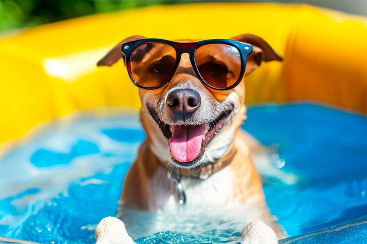 gelukkige hond met zonnebril en zwevende ring