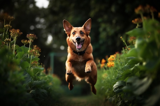 Gelukkige hond springt in de tuin gecreëerd door generatieve AI