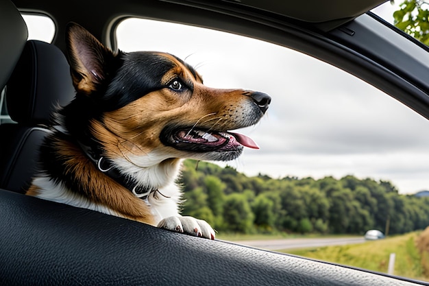 Gelukkige hond steekt zijn hoofd uit het raam van de auto.