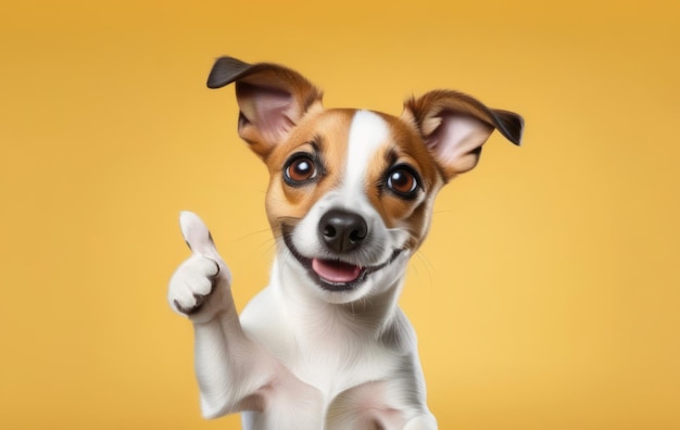 Foto gelukkige hond toont duim omhoog succesconcept