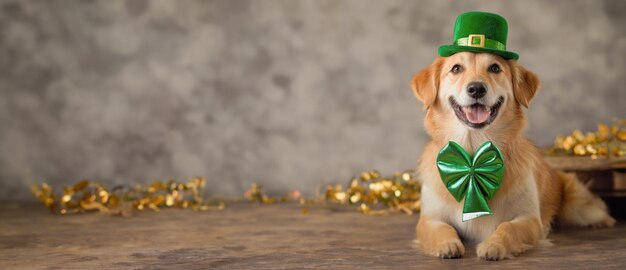 Gelukkige hond viert St. Patrick's Day close-up Een jonge hond in een leprechaun hoed Panorama St. Patricks Day thema concept Kopieer ruimte