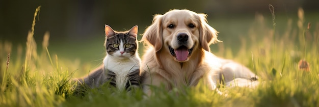 Gelukkige honden- en kattenvrienden die op het groene gras zitten Panoramische banner Generatieve AI