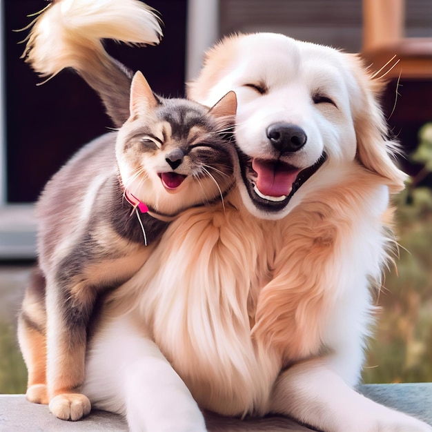 Foto gelukkige honden- en kattenvrienden die samen poseren