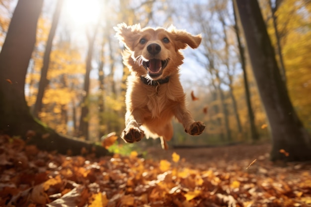 Gelukkige honden spelen in de herfst bossen met prachtige bladeren AI gegenereerd