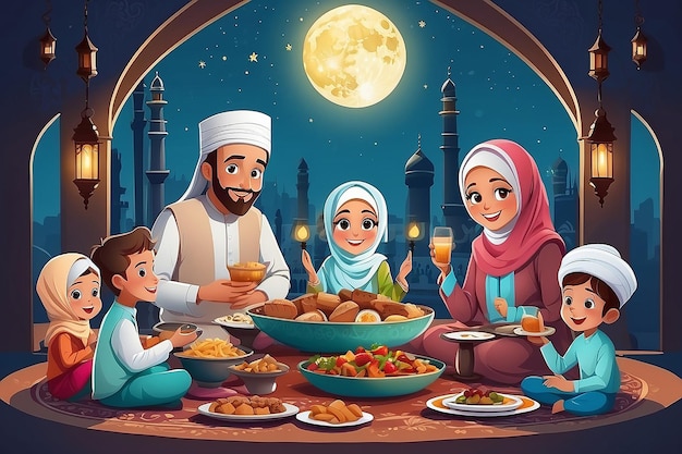 Gelukkige Iftar Moslim Familie Vector Illustratie Moslim Familie met Iftar Party Samen Ontwerp