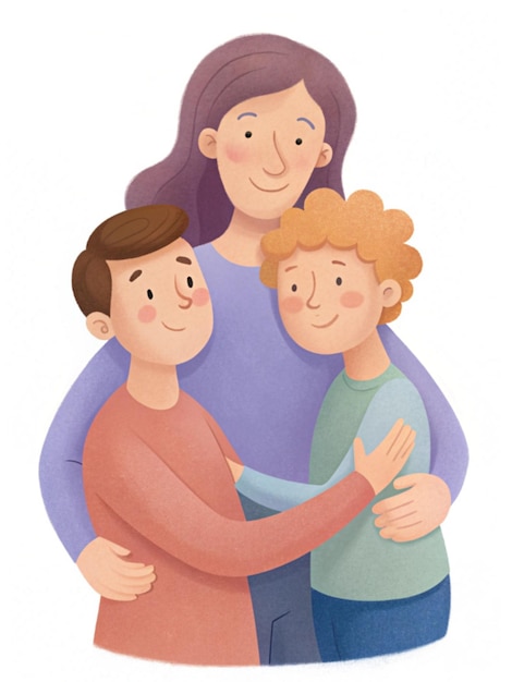 Gelukkige illustratie van een moeder die twee zonen knuffelt