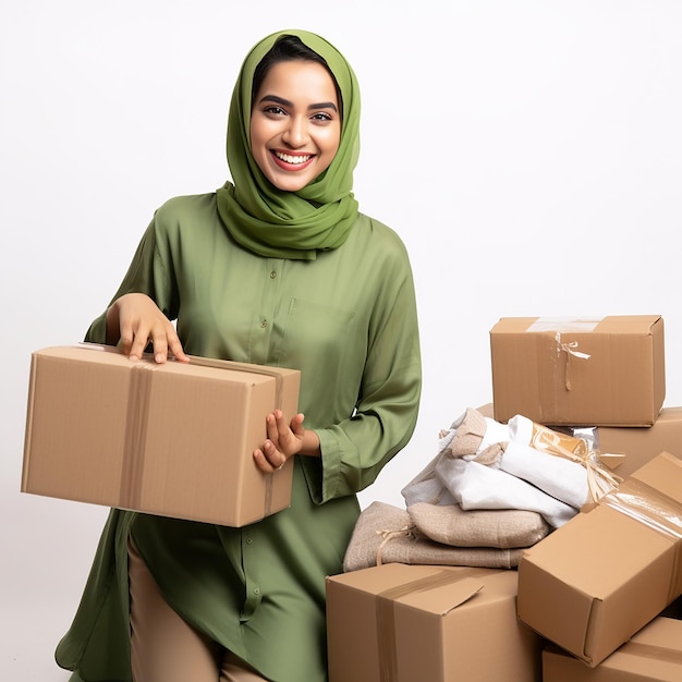 Gelukkige Indiase moslimvrouw met groene hijab die dozen inpakt in online verkoop online werkconcept