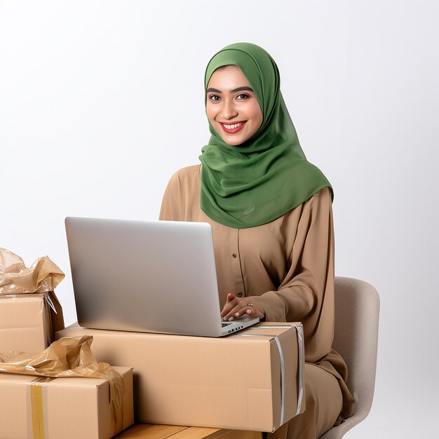 Gelukkige Indiase moslimvrouw met groene hijab die dozen inpakt in online verkoop online werkconcept