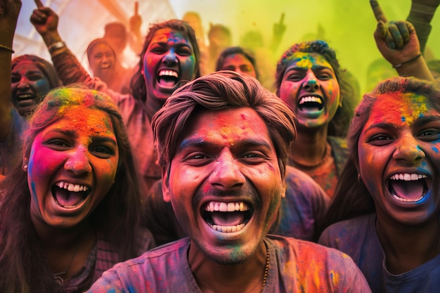 Gelukkige Indiërs vieren het kleurrijke festival van Holi in India Generative Ai