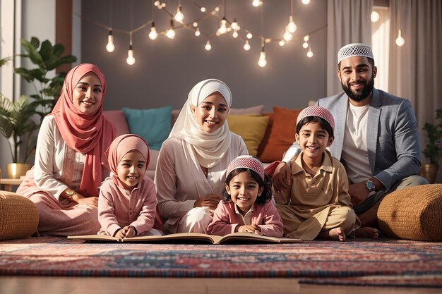 Foto gelukkige islamitische ouders en hun kinderen ontspannen op de vloer thuis en kijken naar de camera