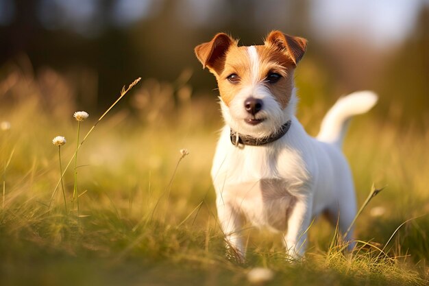 Foto gelukkige jack russell terriër huisdier hond wachten luisteren in het gras