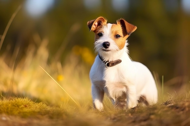 Foto gelukkige jack russell terriër huisdier hond wachten luisteren in het gras