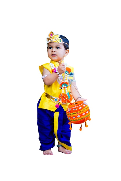 Gelukkige Janmashtami-wenskaart met kleine Indiase jongen die zich voordeed als Shri krishna of kanha/kanhaiya met Dahi Handi-afbeelding en kleurrijke bloemen.