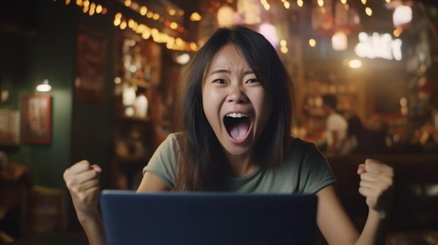 Gelukkige jonge Aziatische vrouw met een laptop terwijl ze in een café zit.