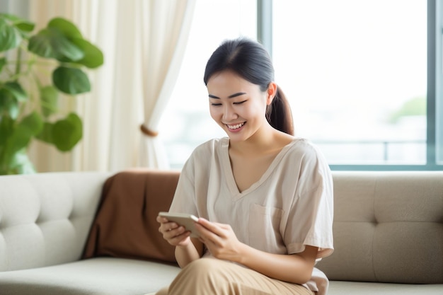 Gelukkige jonge Aziatische vrouw ontspant zich op een comfortabele bank thuis sms'en berichten op smartphone glimlachend meisje gebruikt mobiele telefoon chatten online boodschappen winkelen online van thuis