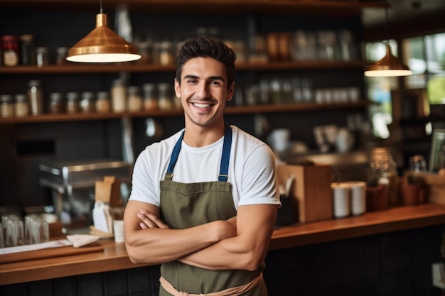 Gelukkige jonge barista die bij het café staat.