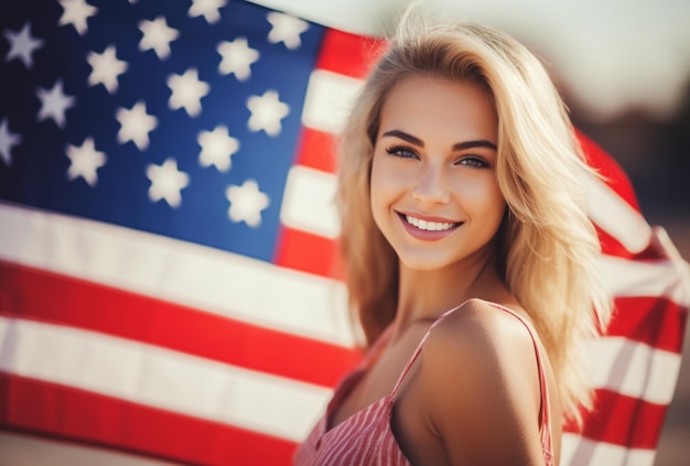 Gelukkige jonge blonde Amerikaanse vrouw op Amerikaanse vlagachtergrond