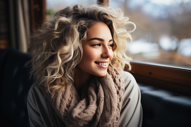 Gelukkige jonge blonde vrouw in een gebreide sjaal bij het raam.