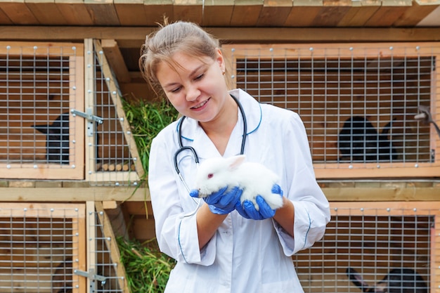 Foto gelukkige jonge dierenartsvrouw met stethoscoopholding en het onderzoeken van konijn op boerderij. bunny in dierenarts handen voor controle in natuurlijke eco boerderij. dierverzorging en ecologisch landbouwconcept.