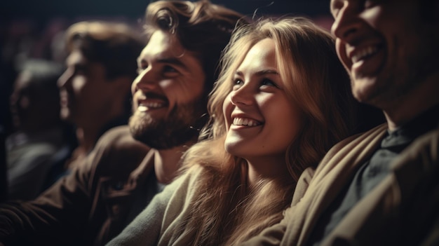 Foto gelukkige jonge echtpaar kijken naar een komische film in de bioscoop glimlachend