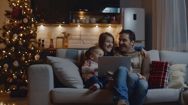 Gelukkige jonge familie met kleine kinderen zitten op de bank in de keuken en hebben plezier met moderne generatieve AI.