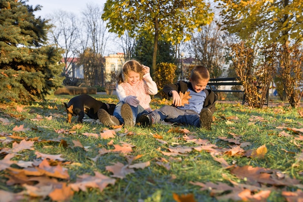 Gelukkige jonge geitjes die met hond in zonnig de herfstpark spelen