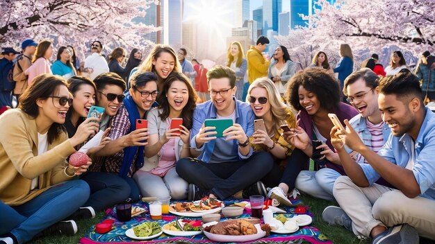 Gelukkige jonge gezelschap van glimlachende vrienden zitten in het park met behulp van smartphones man en vrouw hebben plezier tog