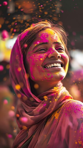 Foto gelukkige jonge indiase vrouw met roze holi poeder glimlachend omringd door verfdeeltjes