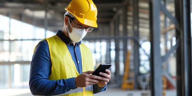 Gelukkige jonge ingenieur met een mobiele telefoon en een smartphone in zijn kantoor