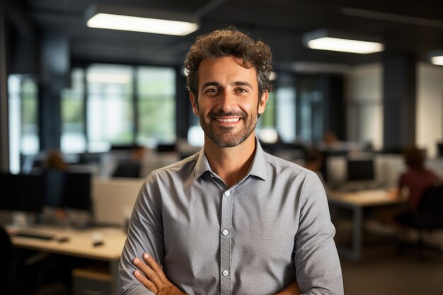 Gelukkige jonge Latijns-zakenman die naar een camera kijkt in het headshot-portret van kantoor