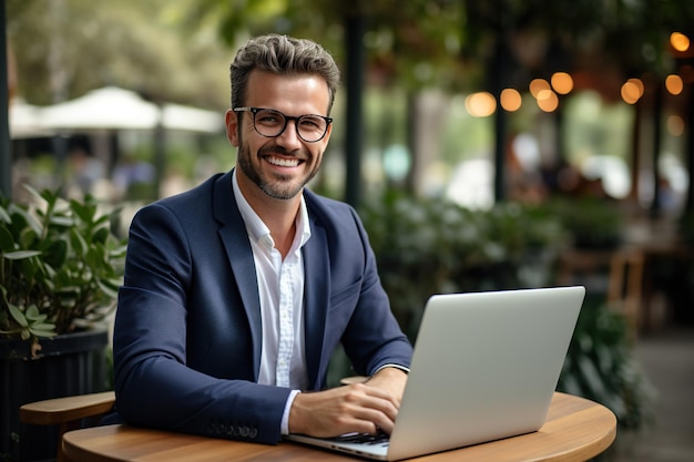 Gelukkige jonge leraar in formele kleding en bril die online les geeft met een laptop buiten