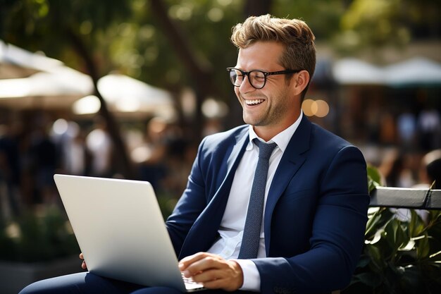 Gelukkige jonge leraar in formele kleding en bril die online les geeft met een laptop buiten