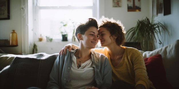 Gelukkige jonge lesbische koppel knuffelen plezier hebben zitten op de bank generatieve AI