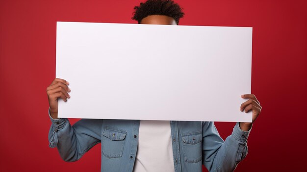 Gelukkige jonge man die een bordje voor uw tekst of product laat zien