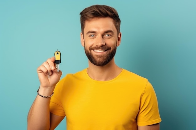 Gelukkige jonge man in blauw shirt met autosleutel.