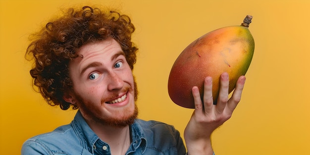 Gelukkige jonge man met krullend haar met een mango op een gele achtergrond casual stijl gezonde voeding concept AI