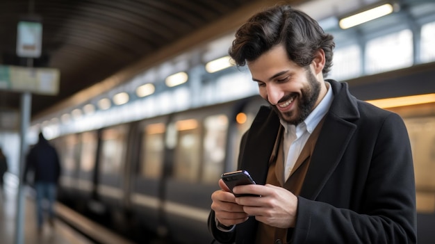 Gelukkige jonge man met smartphone in de metro.