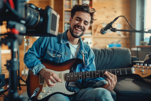 Gelukkige jonge man speelt gitaar voor de camera Home Studio Broadcast door Music Content Creator