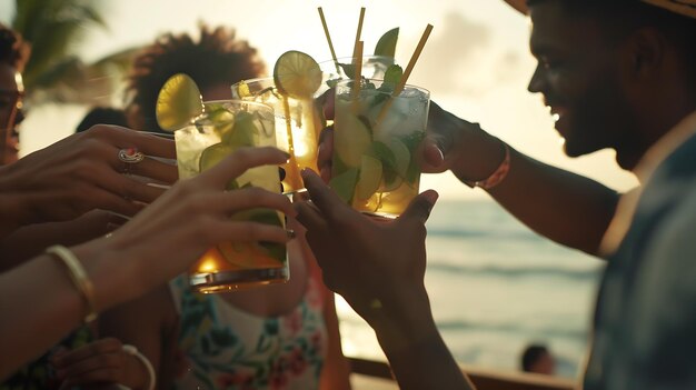 Foto gelukkige jonge mensen die mojito's drinken in een cocktailbar op het strand. multiraciale vrienden. generatieve ai.