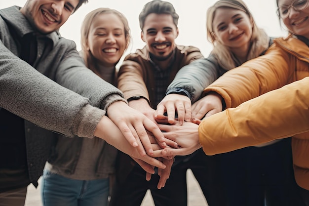 Foto gelukkige jonge mensen, vrienden, hand in hand in het midden.